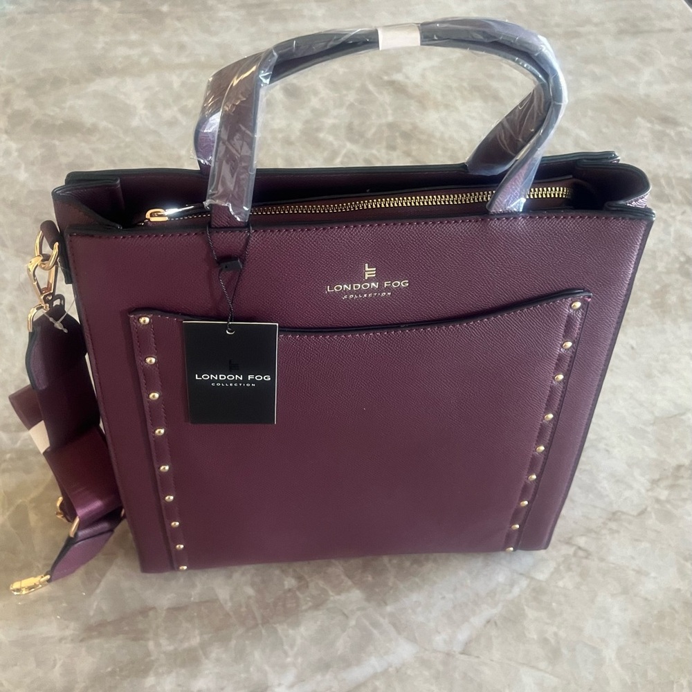 London Fog Sophia Studded Burgundy/Wine Tote Satchel Double Handle Handbag. NWT